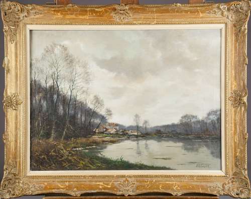 Maisons au bord de l'Etang.<br/>Huile sur toile, signée en bas à droite.<br/>haut. 0m60 larg. 0m80