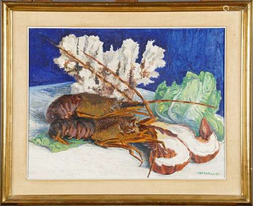 Langoustes (daté 1959).<br/>Huile sur toile, signée en bas à droite. Contresignée et titrée au dos.<br/>haut. 0m50 larg. 0m65