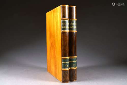 Coffret. Prenant la forme de deux livres d'histoire naturelle. Palissandre et bois poli. XIXe siècle.<br/>Dimensions: 42 x 26 x 10 cm.