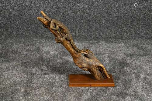 Lézard naturalisé. Présenté sur une souche d'arbre.<br/>Dimensions: 54 x 50 x 15 cm.