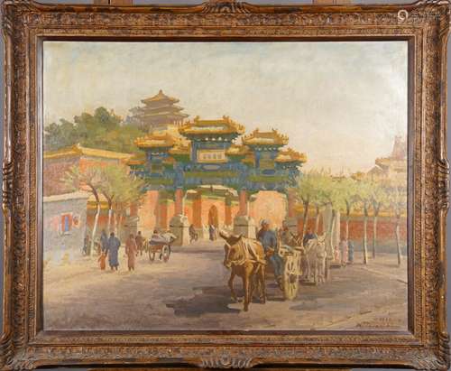 L'Entrée du Palais chinois (daté 2002).<br/>Huile sur toile, signée en bas à droite.<br/>haut. 0m80 larg. 1m00