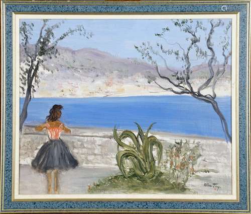 Jeune Fille devant la Mer.<br/>Huile sur toile, signée en bas à droite. Contresignée et titrée au dos.<br/>haut. 0m38 larg. 0m45