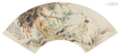 陆恢（1851～1920）  倪田（1855～1919） 1891年作 苏东坡像 扇面 设色纸本