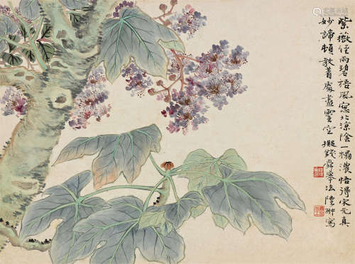 陆抑非（1908～1997） 紫薇碧梧 镜心 设色纸本