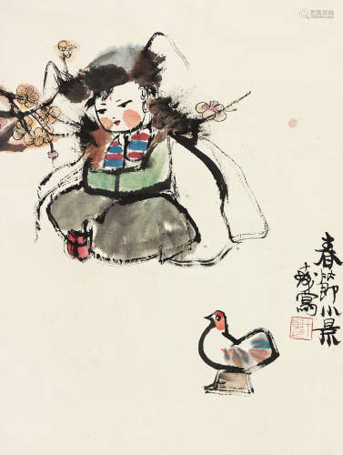 程十发（1921～2007） 春节小景 镜心 设色纸本