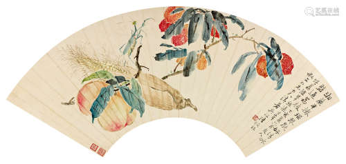 陆恢（1851～1920） 1887年作 荔枝蜜桃 扇面 设色纸本