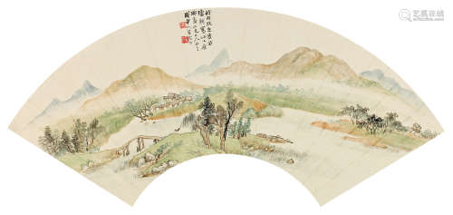 陆恢（1851～1920） 1908年作 溪桥罢归 扇面 设色纸本