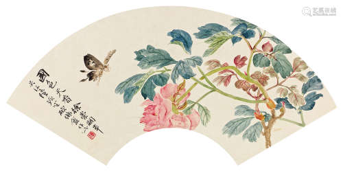 陆恢（1851～1920） 国色天香 扇面 设色纸本