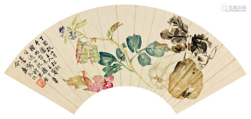 陆恢（1851～1920） 1897年作 藕菱豆荚 扇面 设色纸本