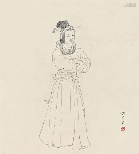 庞薰琴（1906～1985） 白描仕女 立轴 水墨纸本