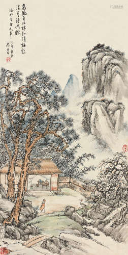 袁培基（1870～1943） 1939年作 梅鹤清寒 立轴 设色纸本