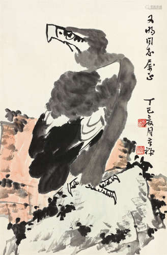 李苦禅（1899～1983） 1977年作 鹰石图 立轴 设色纸本