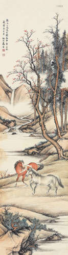 马晋（1900～1970） 1938年作 溪岸双骏 立轴 设色纸本