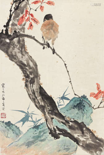 江寒汀（1903～1963） 红叶蜡嘴 立轴 设色纸本