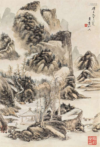 黄宾虹（1865～1955） 春山幽亭 镜心 设色纸本