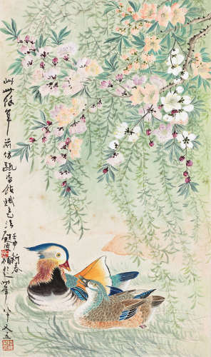 陆抑非（1908～1997） 桃柳鸳鸯 镜心 设色纸本