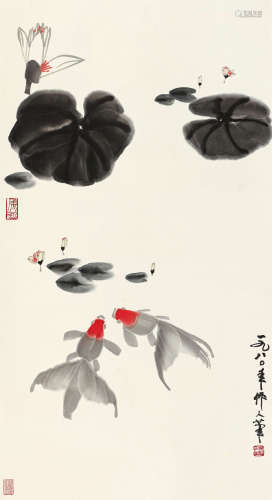 吴作人（1908～1997） 1980年作 鱼乐图 立轴 设色纸本