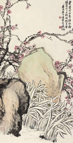 吴待秋（1878～1949） 1940年作 梅石水仙 立轴 设色纸本
