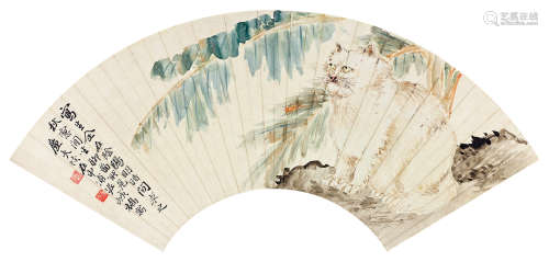 陆恢（1851～1920） 猫石芭蕉 扇面 设色纸本