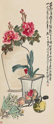 王震（1867～1938） 1917年作 清供图 立轴 设色纸本