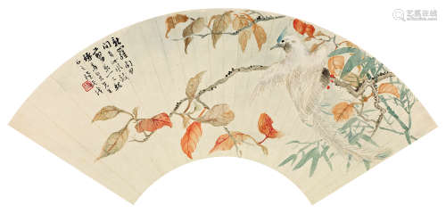 陆恢（1851～1920） 红叶绶带 扇面 设色纸本