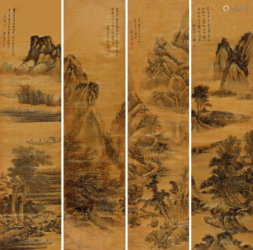 吴宏（1615～1680）  何天秀（#）  方巢（#）  大昌（#） 山水 四屏立轴 水墨绫本