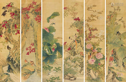 吴笠仙（1869～1938） 花鸟 六屏立轴 设色绢本