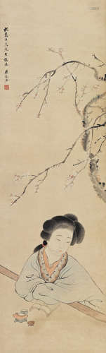 汤禄名（1804～1874） 梅花仕女 立轴 设色纸本
