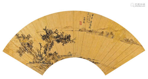 张宏（1577～1652） 1644年作 平湖钓艇 扇面 水墨金笺