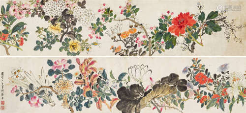 张熊（1803～1886） 百花争艳 手卷 设色纸本