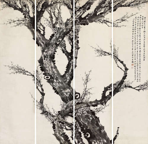彭玉麟（1816～1890） 墨梅图通景 四屏立轴 水墨纸本