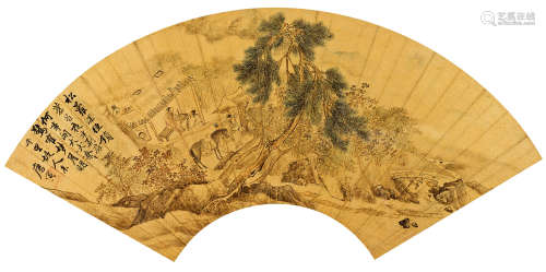 唐寅（1470～1524） 故人来访 扇面 设色金笺