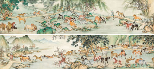 殷梓湘（1909～1984） 1975年 百马图 手卷 设色绢本