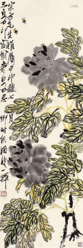 齐白石（1864～1957） 1944年 牡丹飞蜂 立轴 设色纸本