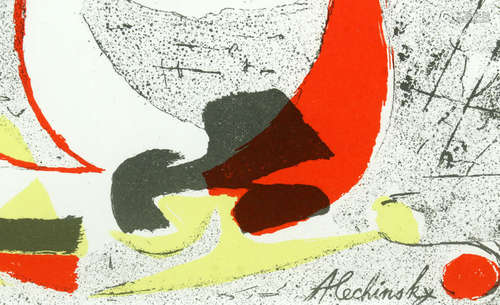 Pierre Alechinsky, Less manins eblouies, oktober 1950, kleurenlitho, 24,5 x 27,5 cm.