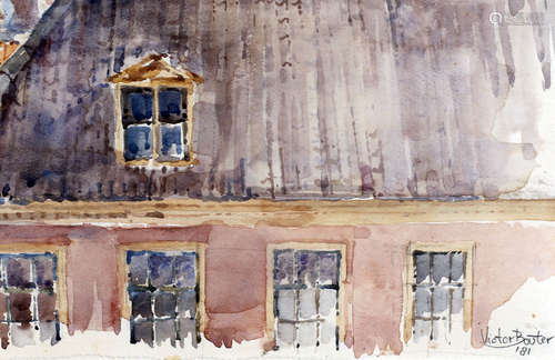 Victor Bouter, Gezicht op kerken, aquarel, gedateerd 1981, 38 x 38 cm.