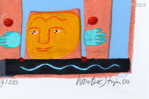 Wouter Stips, Abstracte voorstelling, handgesigneerde litho, nr.129/200, gedateerd 2000, 18 x 15 cm.