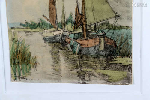 J.J. Garjeanne, 1860-1930, Rivierlandschap met boten, aquarel, 13 x 18 cm.