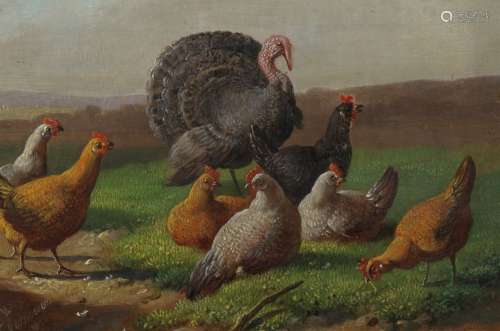 Albertus Verhoesen，1806 - 1881乌得勒支，风景画，鸡和牛，油画，1872年，24 x 18厘米。 出处：私人收藏