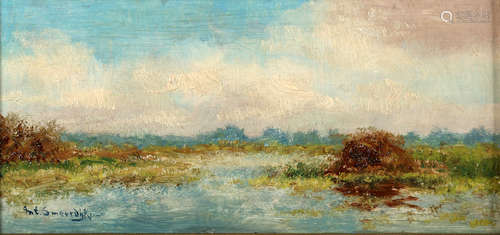 Anton Smeerdijk, 's Graveland 1885-1965 Roermond, Plassengezicht met hooiberg en Plassengezicht met roeiboot, olieverf op board (2x), 25 x 13 cm. en 22 x 13 cm.