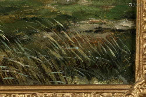 Jan Scholten, Koe in weidelandschap met op de achtergrond een molen, olieverf op doek, 29 x 39 cm.