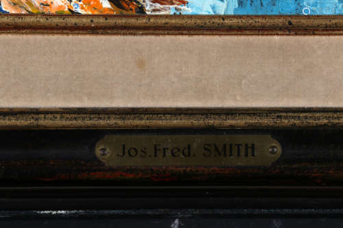 J.F. Smith, Arbeidende vrouw in landschap, olieverf op paneel, 29 x 22 cm.