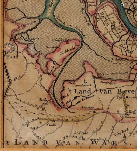 Antieke handgekleurde landkaart, Brabant uit een atlas uitgegeven in 1634 door Hendrik Hondius en Johannes Janssonius te Amsterdam, 54 x 46 cm. (beschadigd)