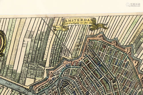 Stadsplattegrond van Amsterdam, handgekleurd, 20e eeuw, 37x28 cm.