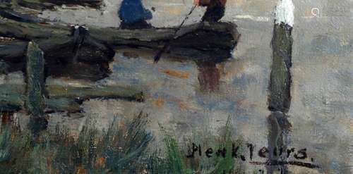 Henk Leurs, Den Haag 1890-1956 Rijswijk, Korenmolen bij rivier, olieverf op doek, 36 x 25,5 cm.