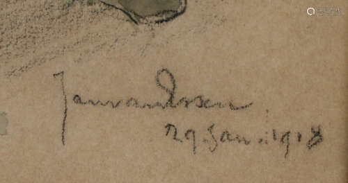 Ond.gesign, Studie van een hond, aquarel, gedateerd 1918, 19 x 11 cm.