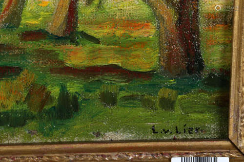 Leendert van Lier, Bomen in landschap, olieverf op board, 33 x 27 cm.