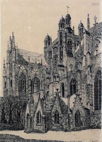 E. Harmsen, Interieur en exterieur van St. Jan, Den Bosch, gem.techniek, 51 x 36 cm.