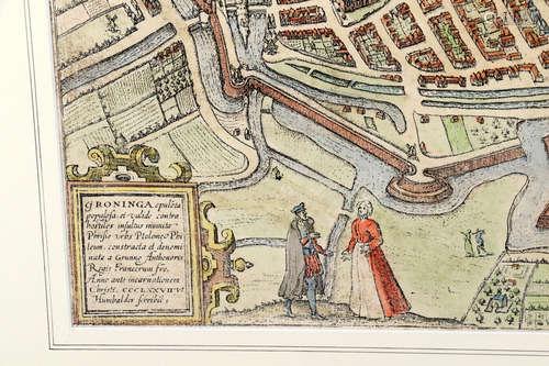 Oude plattegrond van Groningen, handgekleurd, 20e eeuw,  38x28cm.