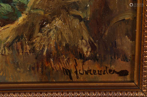 M.H.T. Schreuder, Korenschoven, olieverf op doek, 24,5 x 30,5 cm.